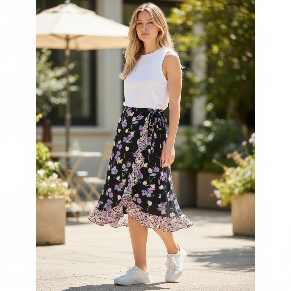 Requirements Floral Midi Skirt Black Purple Faux Wrap Ruffle Hem